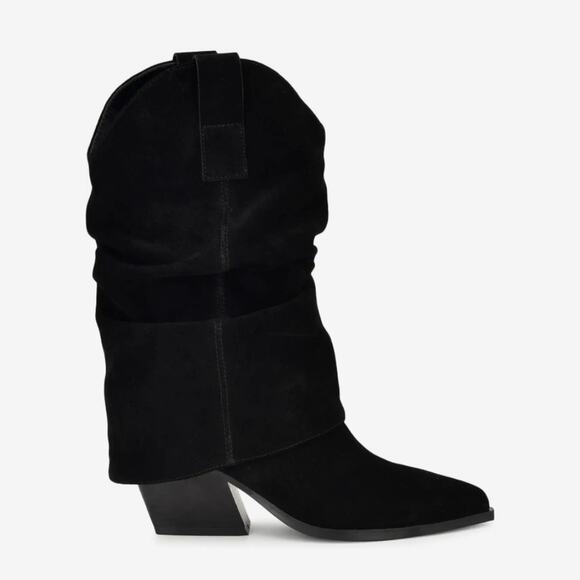 NEW Nine West Wilton Black Suede Leather Slouchy Block Heel Point Toe Dress Boot - Picture 1 of 9